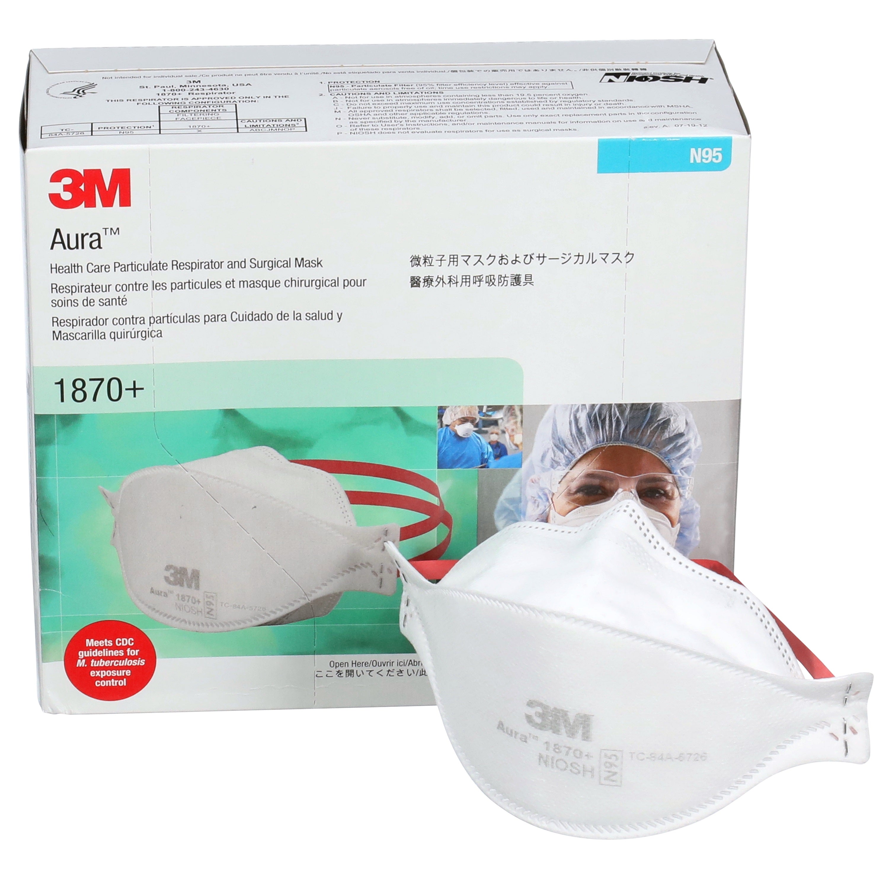 3M Aura 1870+ NIOSH N95 Healthcare Respirator Mask - Made in Canada/USA