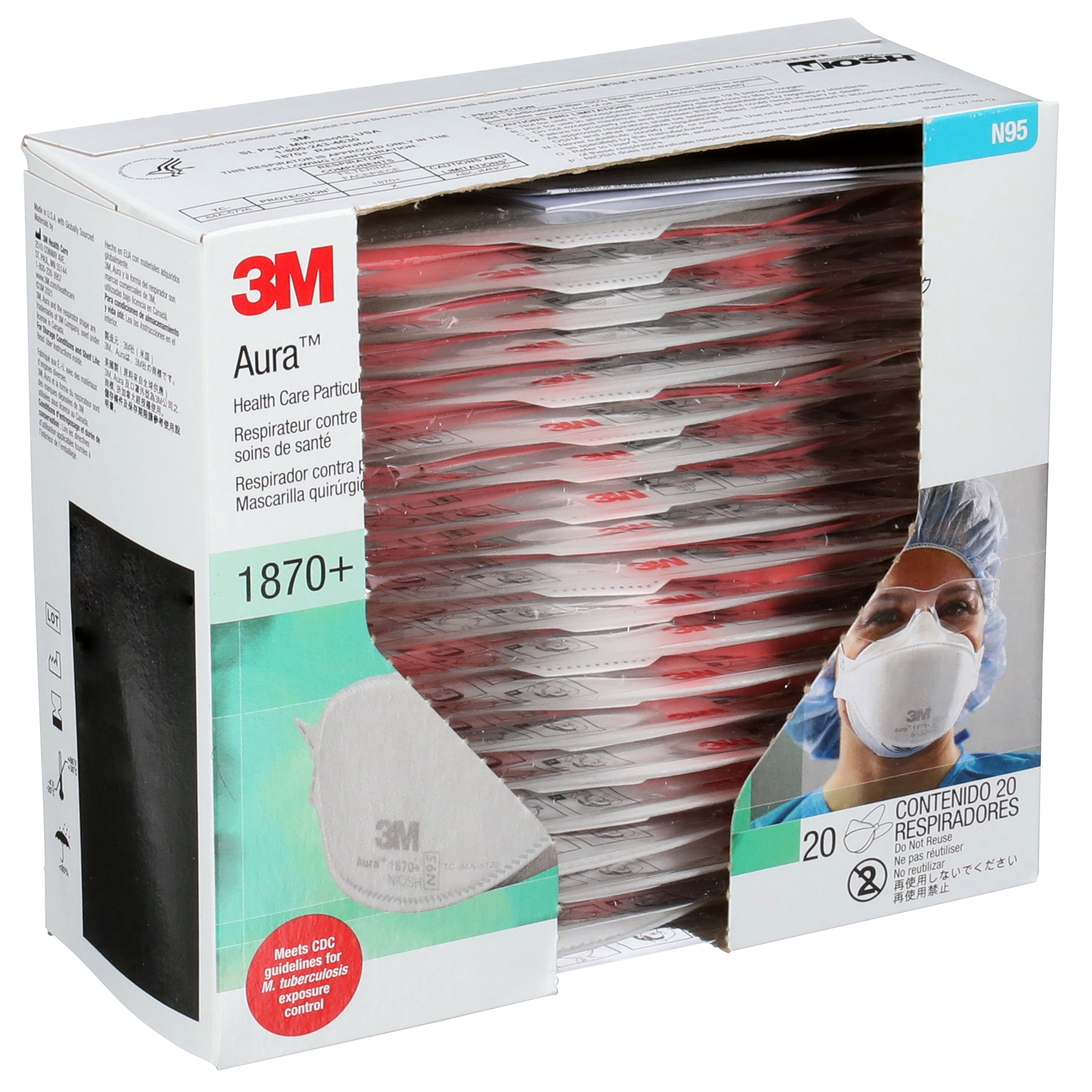 3M Aura 1870+ NIOSH N95 Healthcare Respirator Mask - Made in Canada/USA