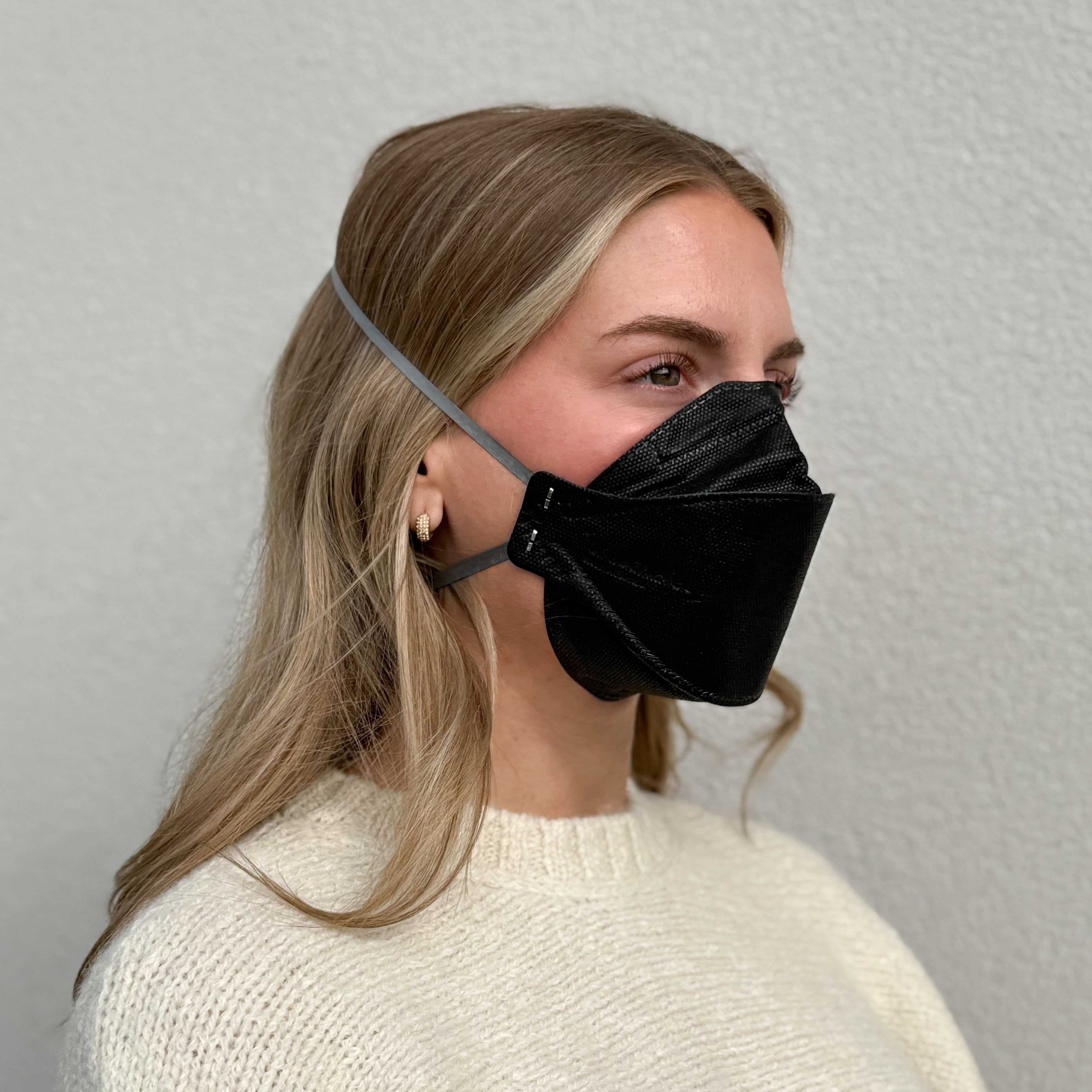 Woman with black aura wearing black KN95 earloop respirator face mask breatheTeq made in Canada by Canada Masq and sold by Canada Strong