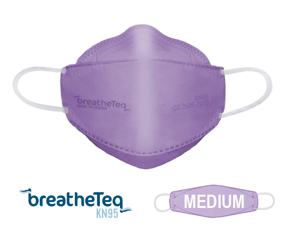 BreatheTeq KN95 adult medium purple pink earloop face mask made in Canada